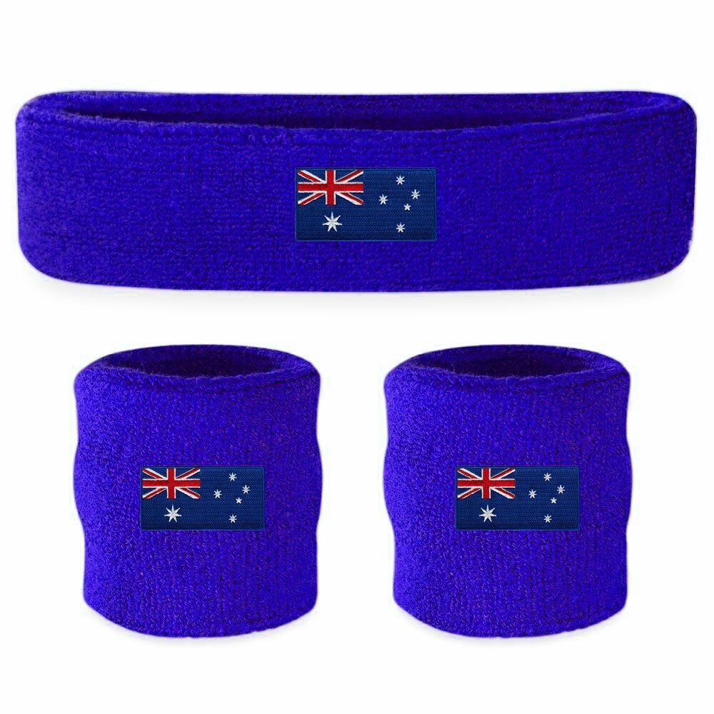 WRISTBAND & HEADBAND SET Tennis Terry Towelling Cotton Sweat Band Team Gym - Australia Flag