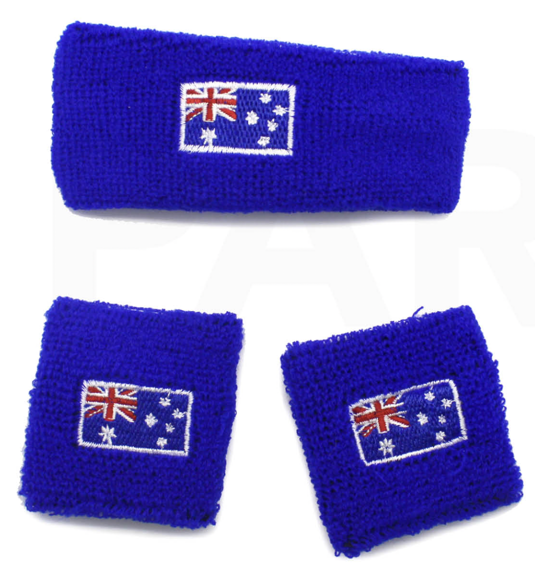 WRISTBAND & HEADBAND SET Tennis Terry Towelling Cotton Sweat Band Team Gym - Australia Flag