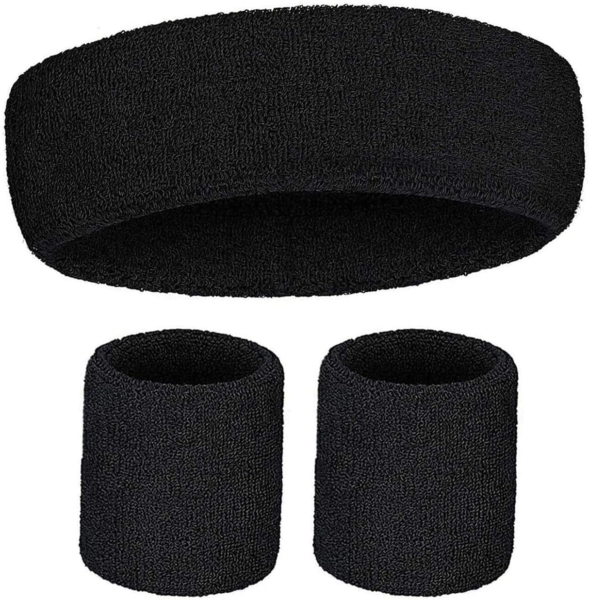 WRISTBAND & HEADBAND SET Tennis Terry Towelling Cotton Sweat Band Team Gym - Black