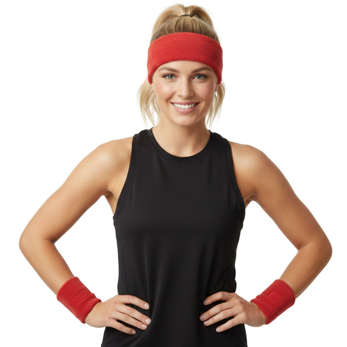 WRISTBAND & HEADBAND SET Tennis Terry Towelling Cotton Sweat Band Team Gym - Red