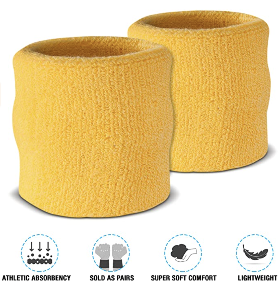 WRISTBAND & HEADBAND SET Tennis Terry Towelling Cotton Sweat Band Team Gym - Yellow