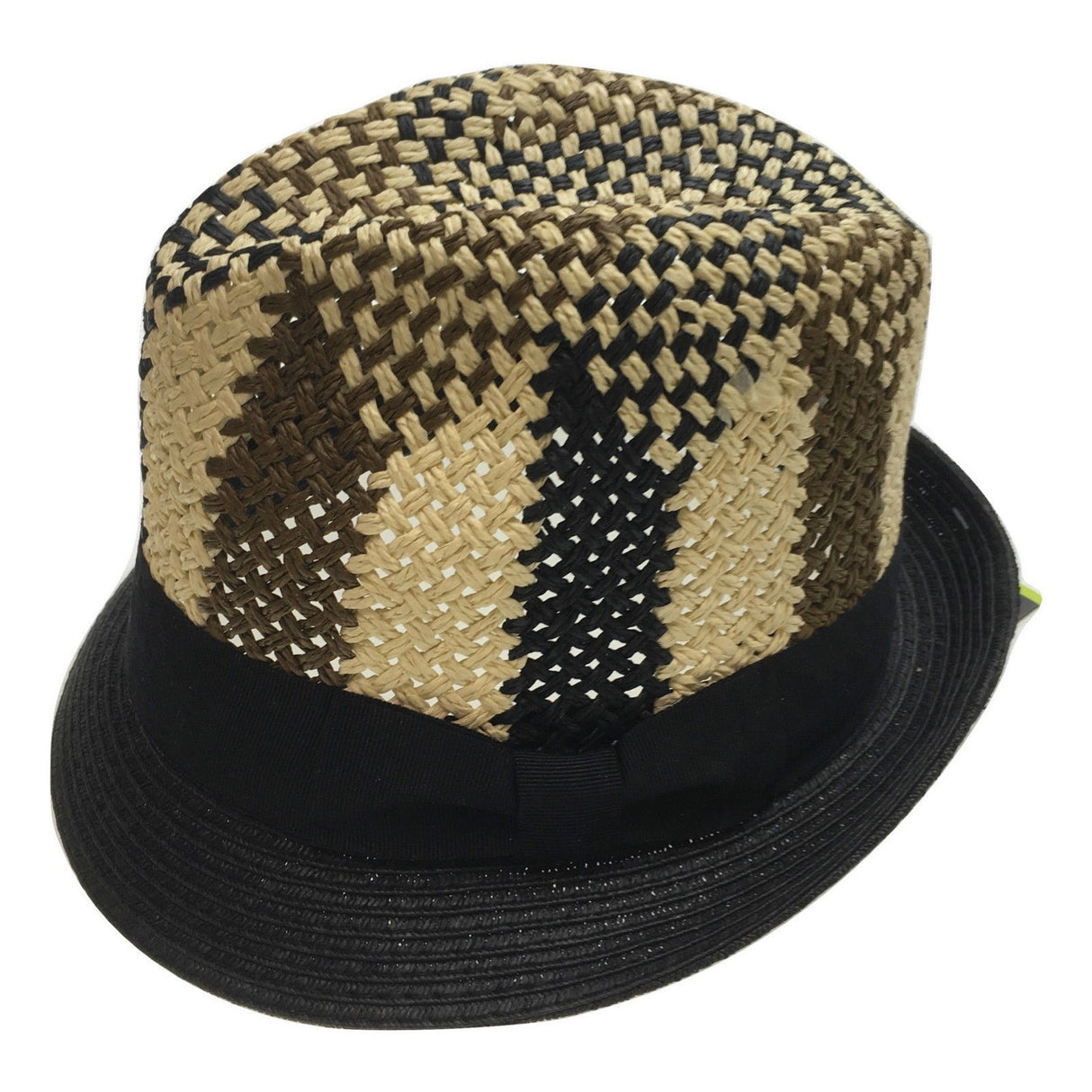 3 Color Lattice Woven Paper Straw Trilby Hat with Fedora Trim - Summer Sun Cap - Size M (57cm)