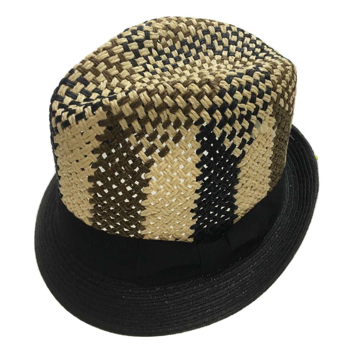 3 Color Lattice Woven Paper Straw Trilby Hat with Fedora Trim - Summer Sun Cap - Size M (57cm)