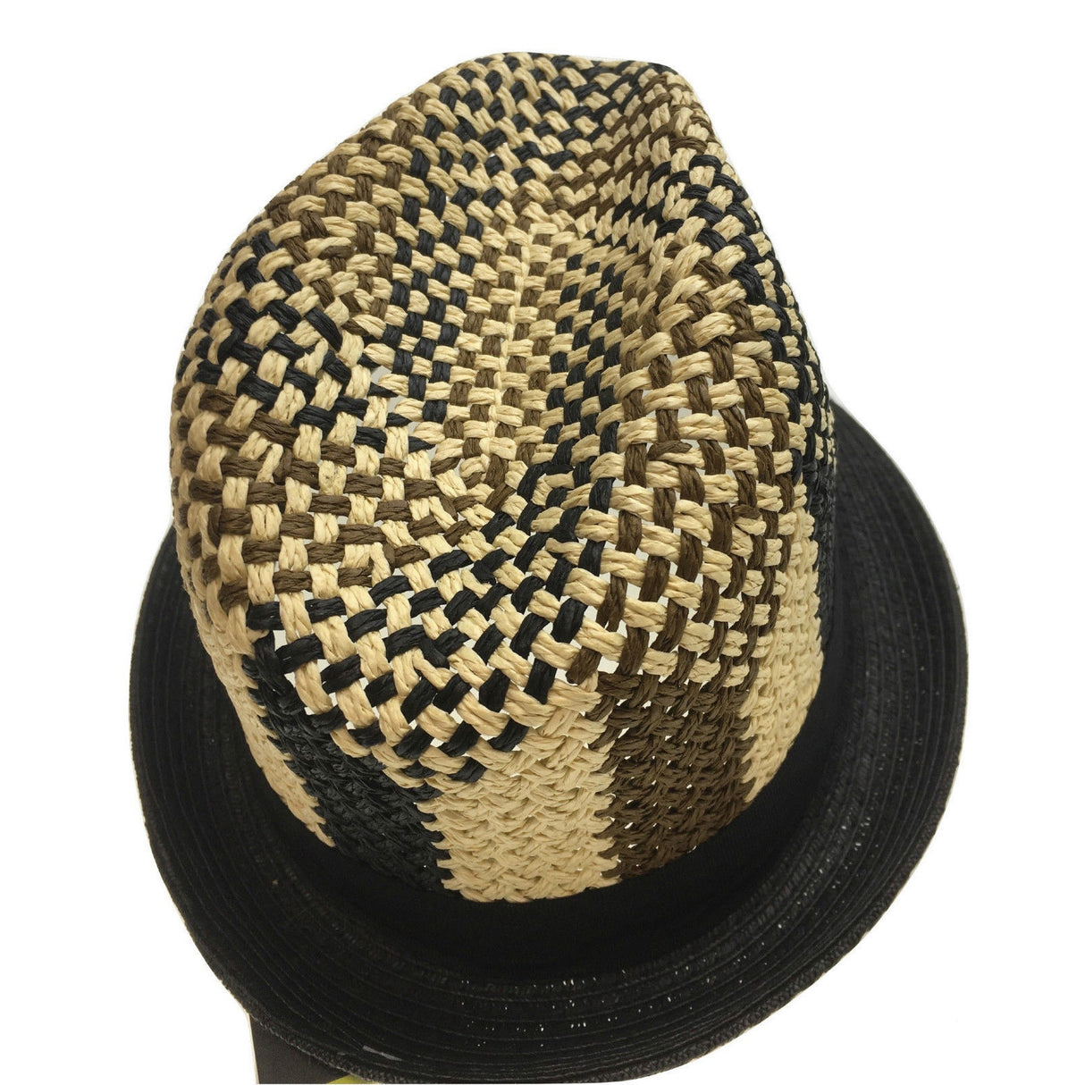 3 Color Lattice Woven Paper Straw Trilby Hat with Fedora Trim - Summer Sun Cap - Size M (57cm)