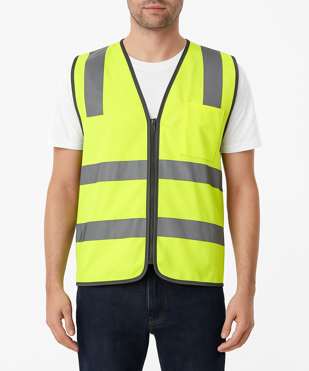 Hi Vis Safety Vest Reflective Tape Zip Up Workwear Pocket High Visibility in Yellow - S
