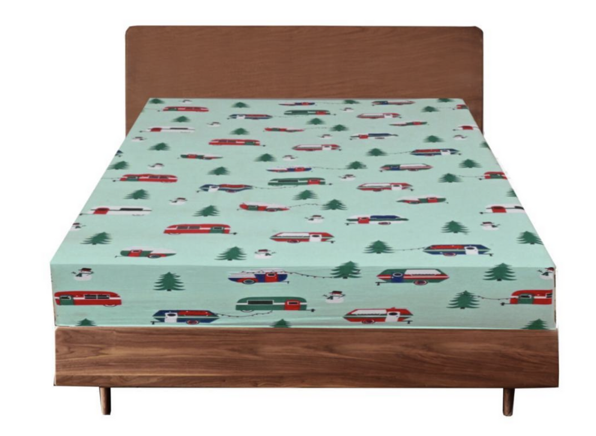 Queen Luxury 100% Cotton Flannelette Fitted Bed Sheet Flannel - Trees/Caravan