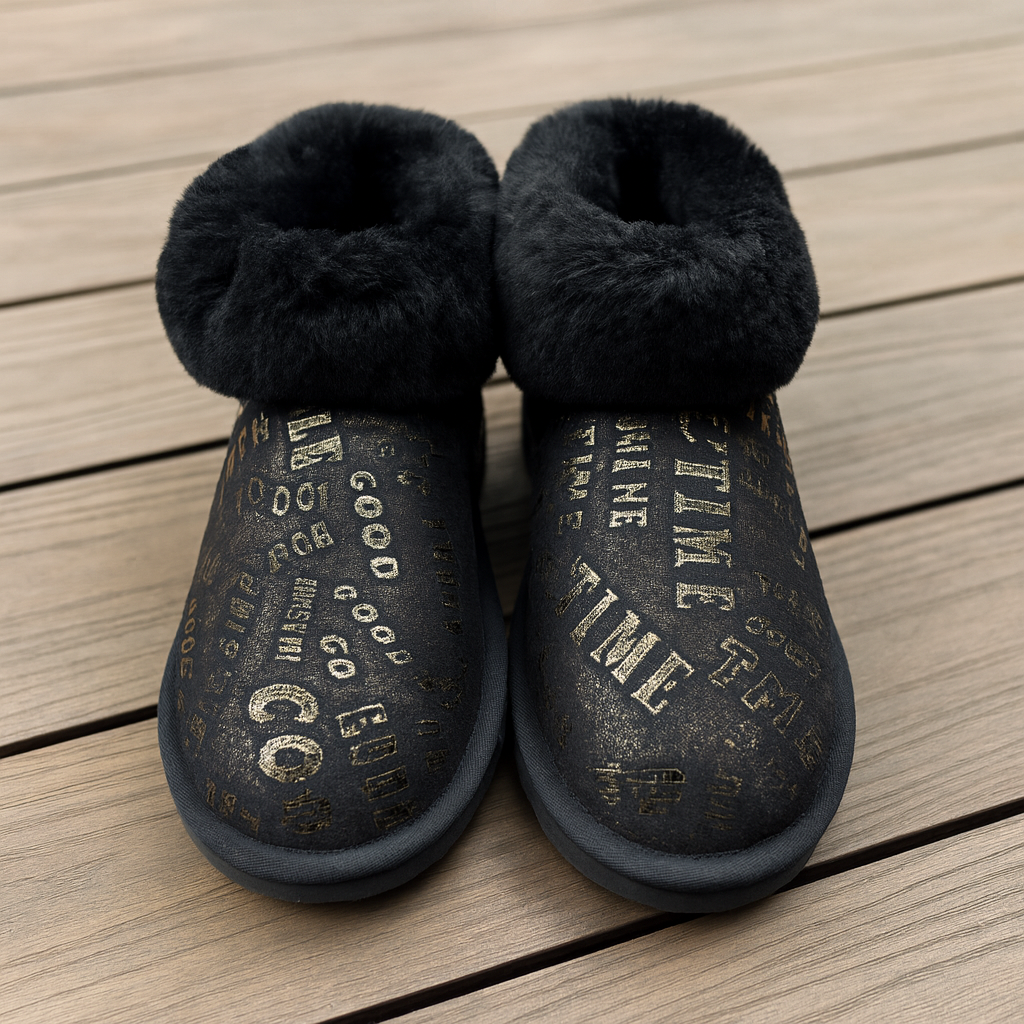 Womens Australian Sheepskin Wool Fur Mini UGG Ankle Boots in Gold Black - 7