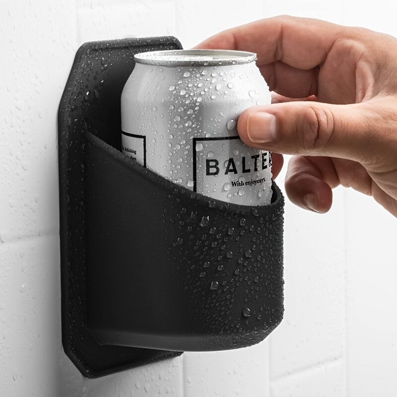 Silicone Shower Beer Holder Wall Mounted Beverage Can Rack Self Adhesive in Black