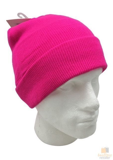PLAIN FLURO BEANIE Hi Vis Unisex Winter Warm Hat Ski Party Costume Cap Knit - Fluro Pink