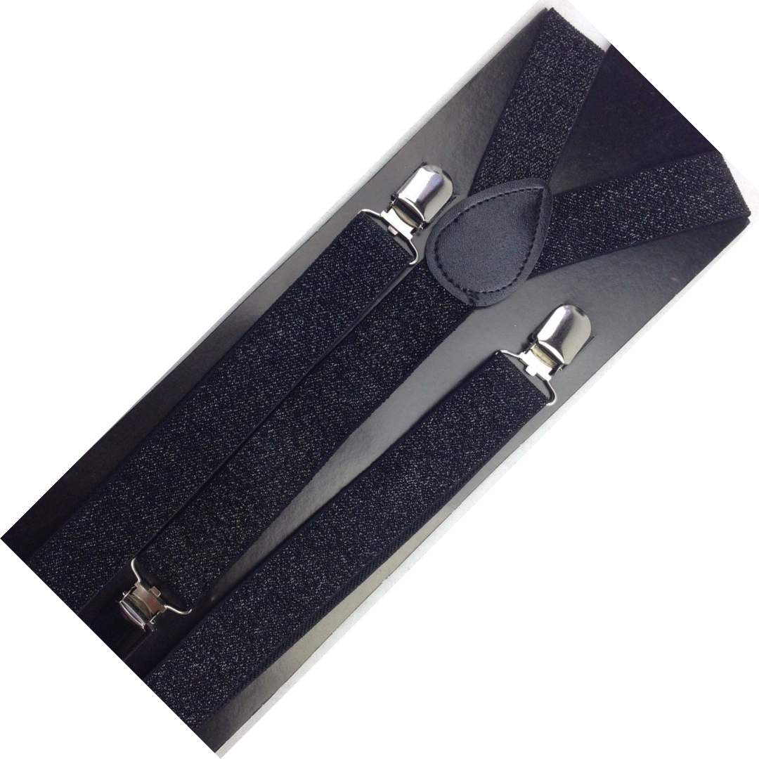 GLITTER SPARKLE SUSPENDERS Braces Clipon Elastic Y-Back Slim Adjustable - Black (Glitter)