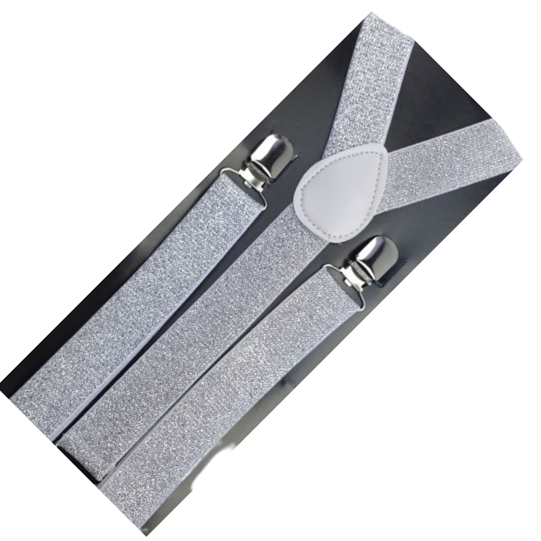 GLITTER SPARKLE SUSPENDERS Braces Clipon Elastic Y-Back Slim Adjustable - White (Glitter)
