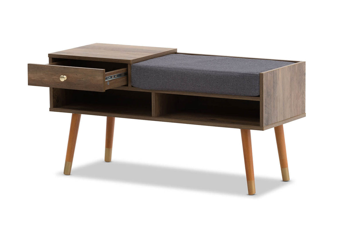 Mid-Century Walnut Hallway Storage Bench with Open Shelves and Drawer