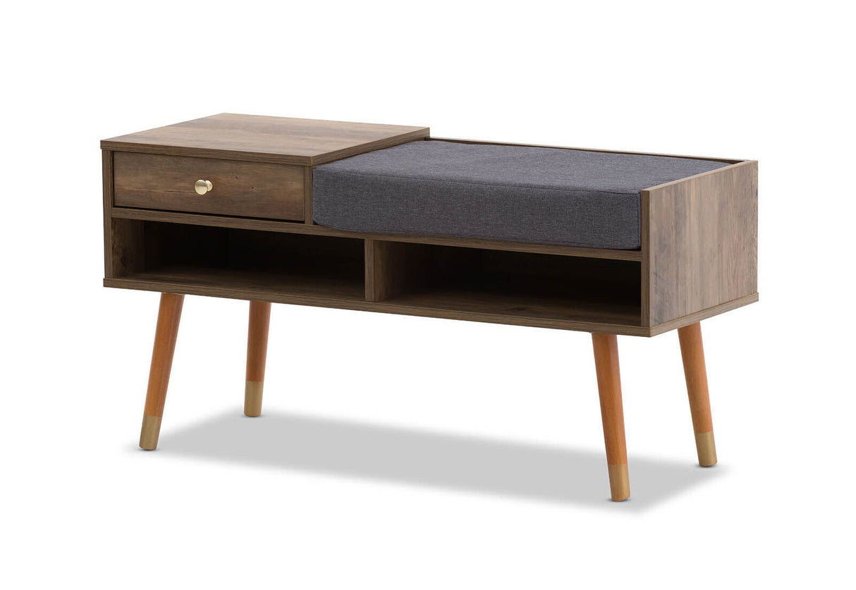 Mid-Century Walnut Hallway Storage Bench with Open Shelves and Drawer