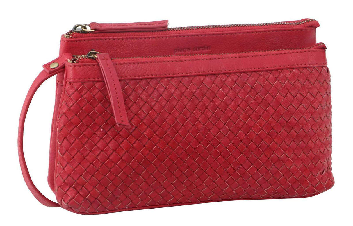3PC Set Pierre Cardin Womens Woven Leather Cross-Body Bags + Backpack - Red