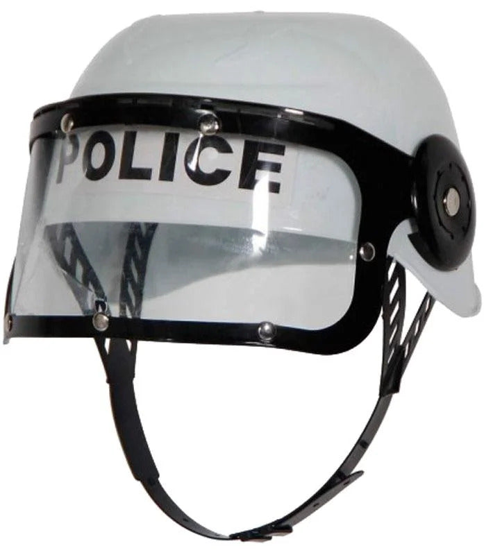 Police Costume Accessory: White Plastic Helmet with Clear Visor and Adjustable Strap