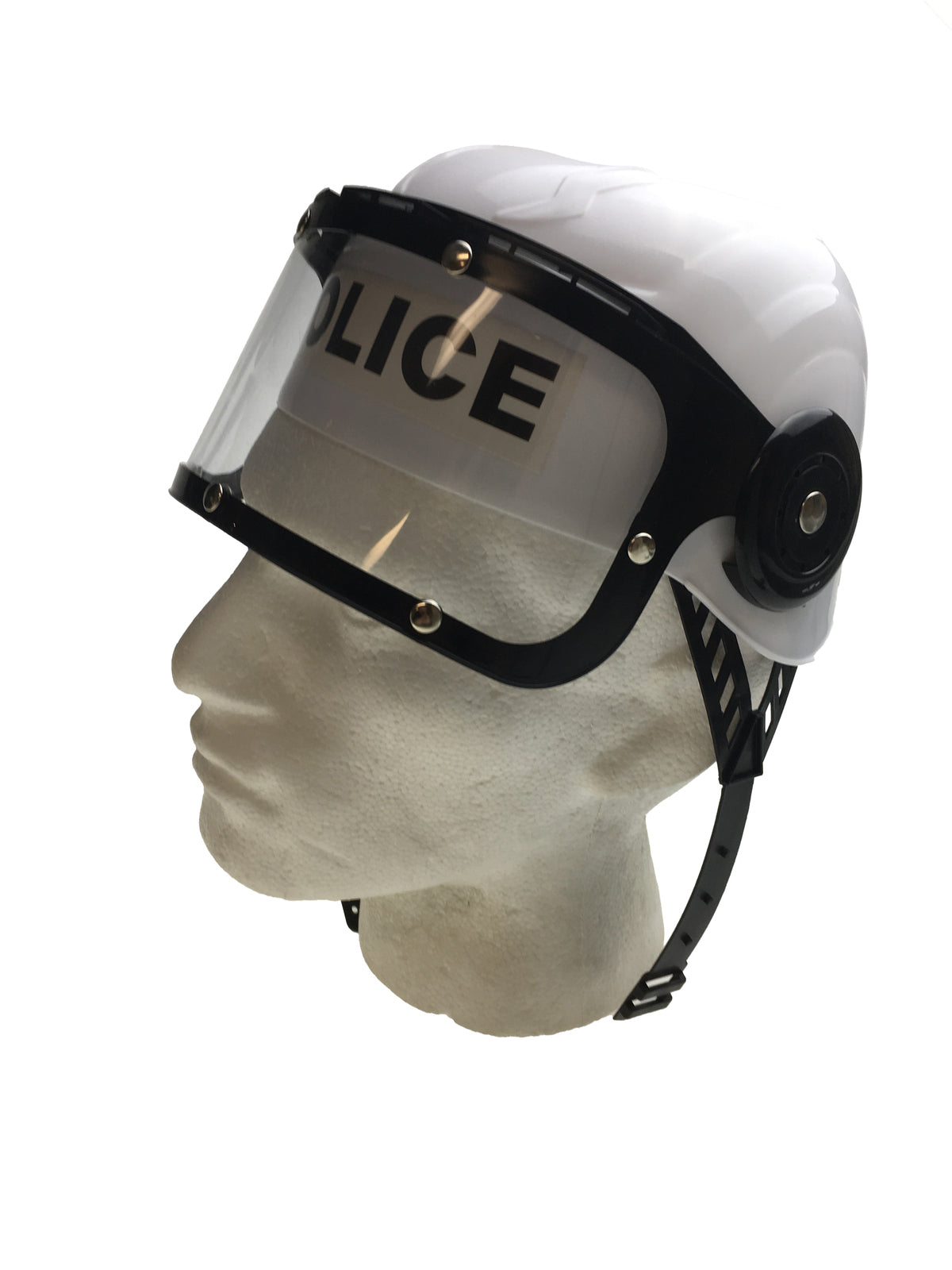 Police Costume Accessory: White Plastic Helmet with Clear Visor and Adjustable Strap