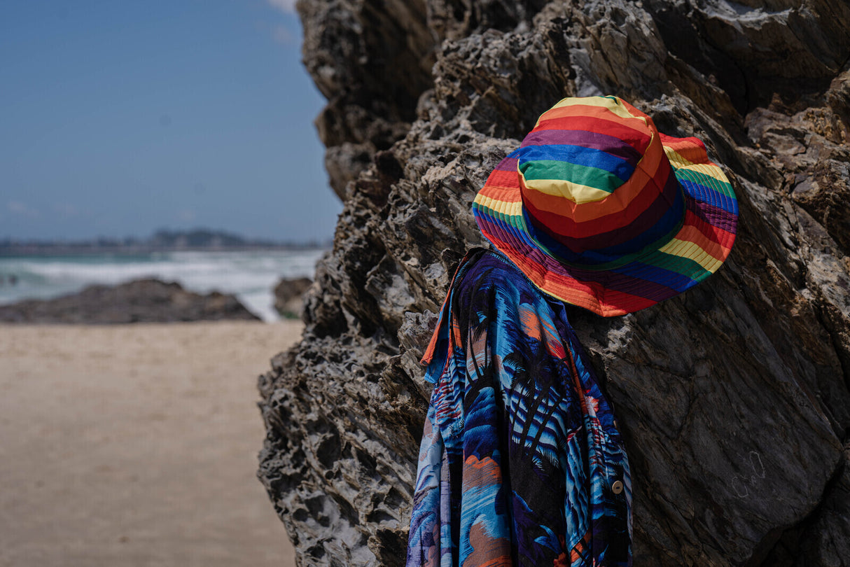 Rainbow Terry Towelling Bucket Hat Gay Lesbian Mardi Gras Party Cap LGBT - Reversible - Large (58cm)