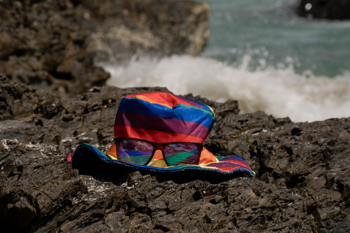 Rainbow Terry Towelling Bucket Hat Gay Lesbian Mardi Gras Party Cap LGBT - Reversible - Large (58cm)