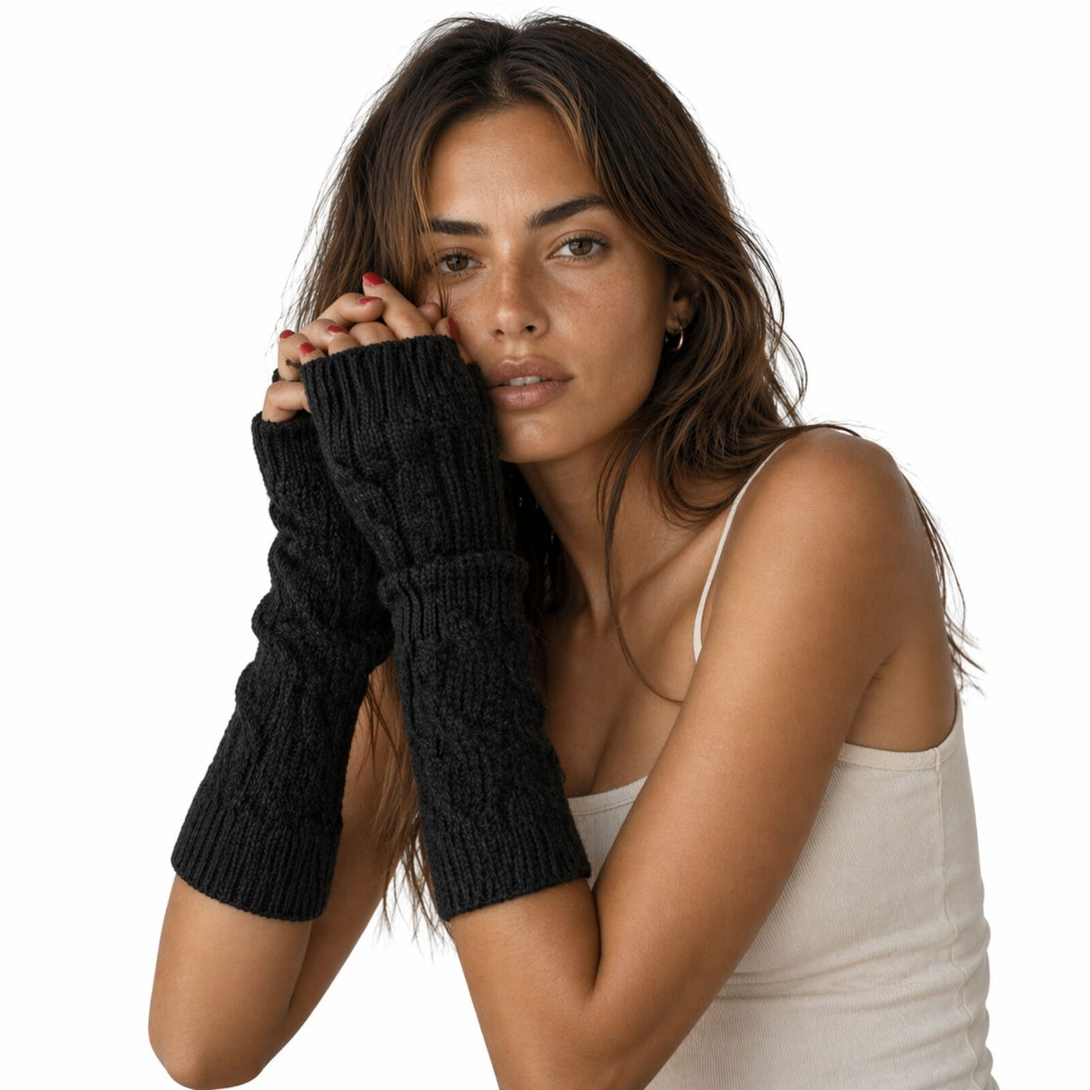 Womens Fingerless Arm Warmers Knitted 20cm Short Gloves Winter - Random Colour