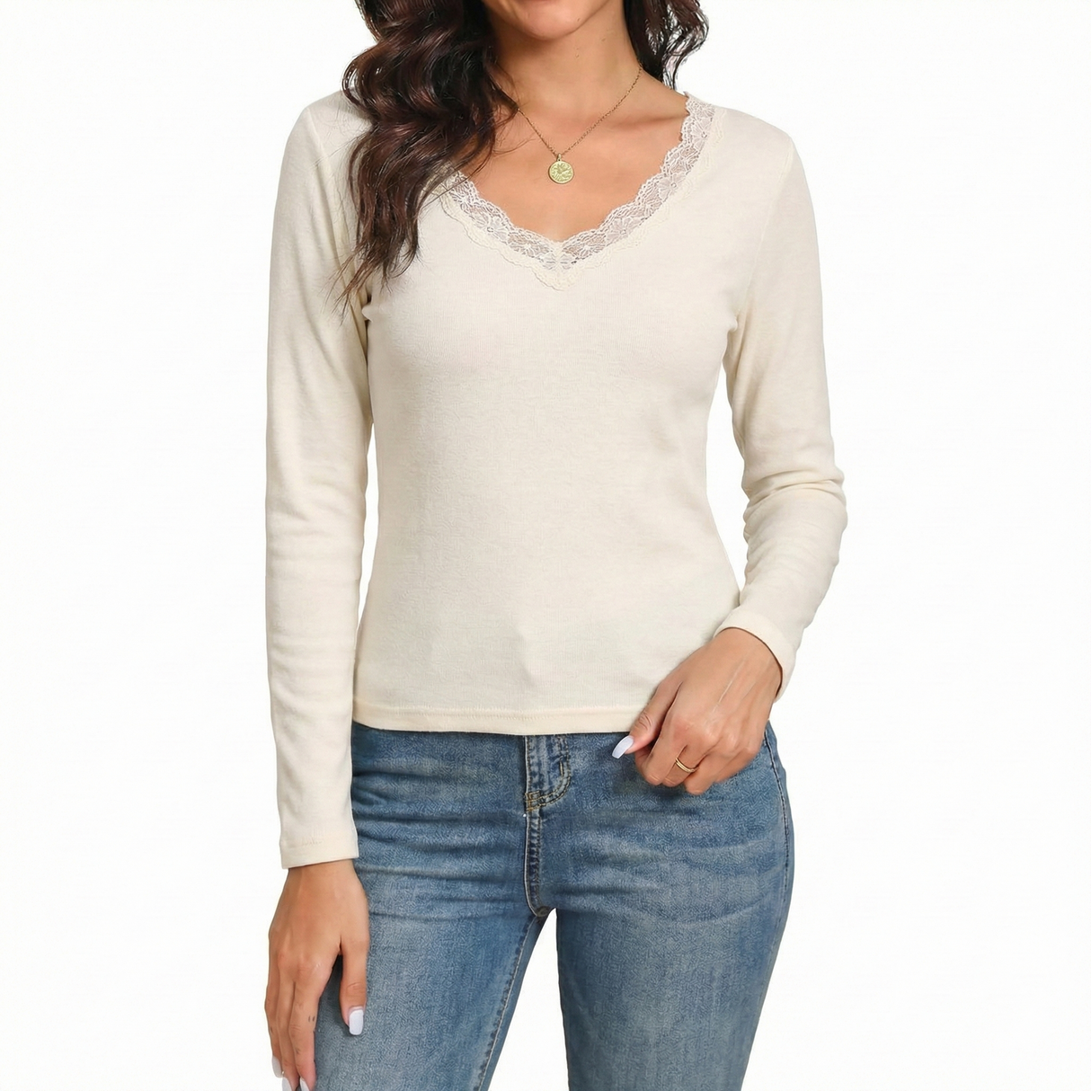 Womens Thermal Cotton Long Sleeve Spencer Tops Long Sleeve Underwear in Beige - 12-14