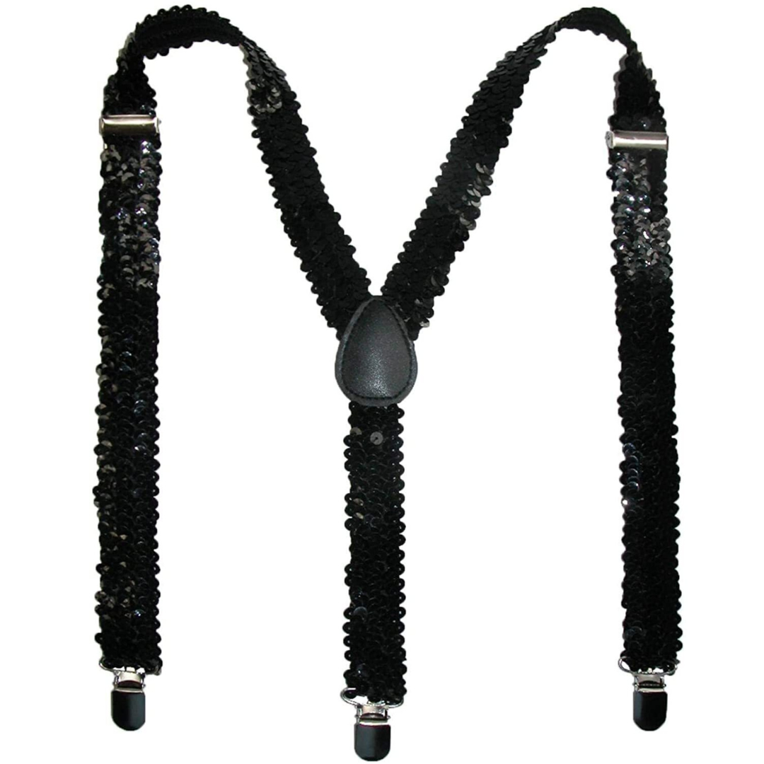 Elegant Black Sequin Adjustable Clip-On Suspenders for Men and Women - Formal Braces
