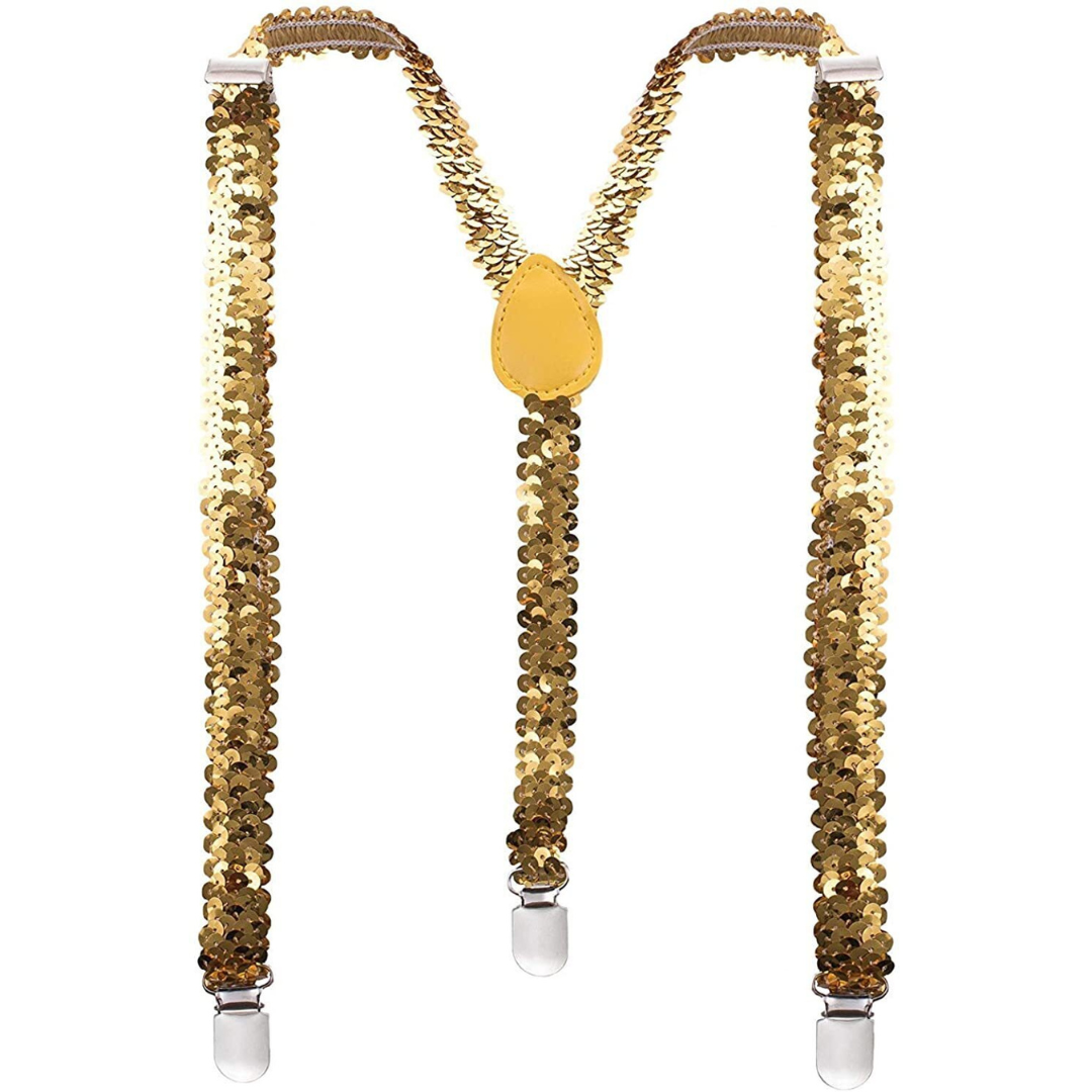 Versatile Adjustable Clip-On Gold Sequin Suspenders for Men and Women - Elegant Slim Braces for Special Occasions