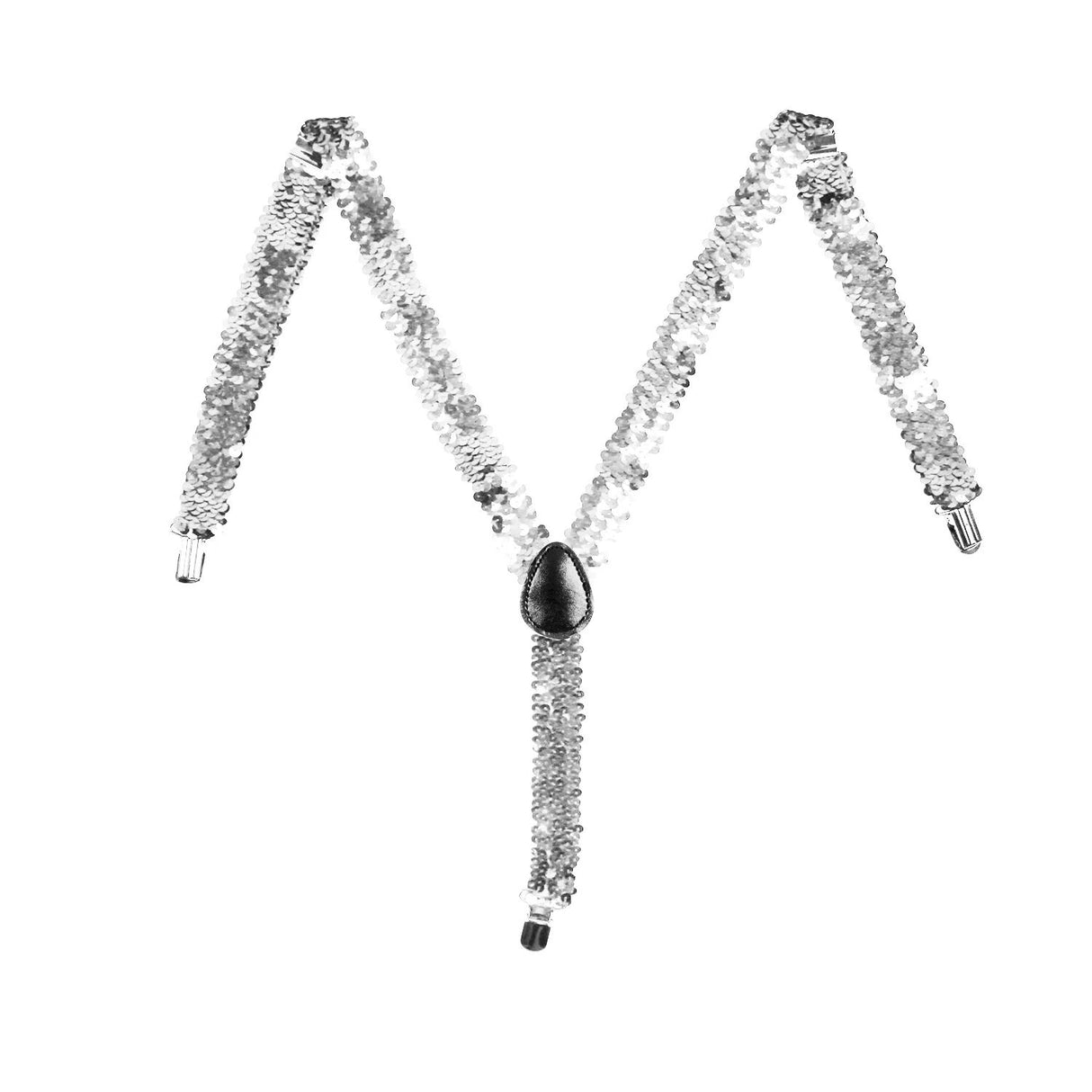 Sparkling Unisex Y-Back Sequin Suspenders - Silver Clip-On Braces