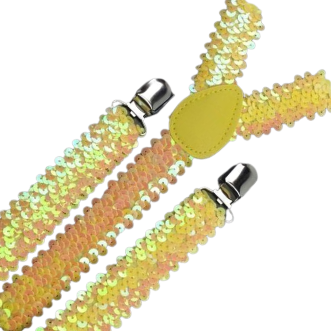 Glittering Yellow Sequin Y-Back Suspenders | Unisex Adjustable Clip-On Braces