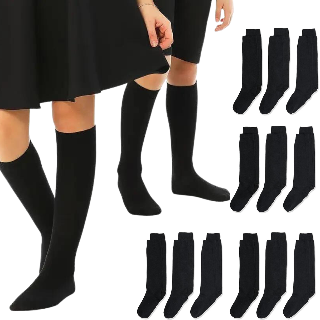 Bulk Pack of 12 Cotton Rich Knee High Socks for Kids - Black - Ages 10-12 (Size 2-8)