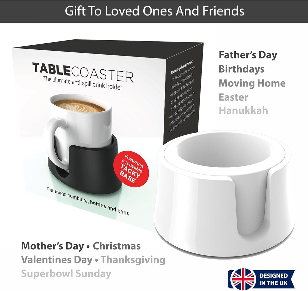 Table Coaster Anti-Spill Drink Holder Tray Couch Seat Car Office Travel - White