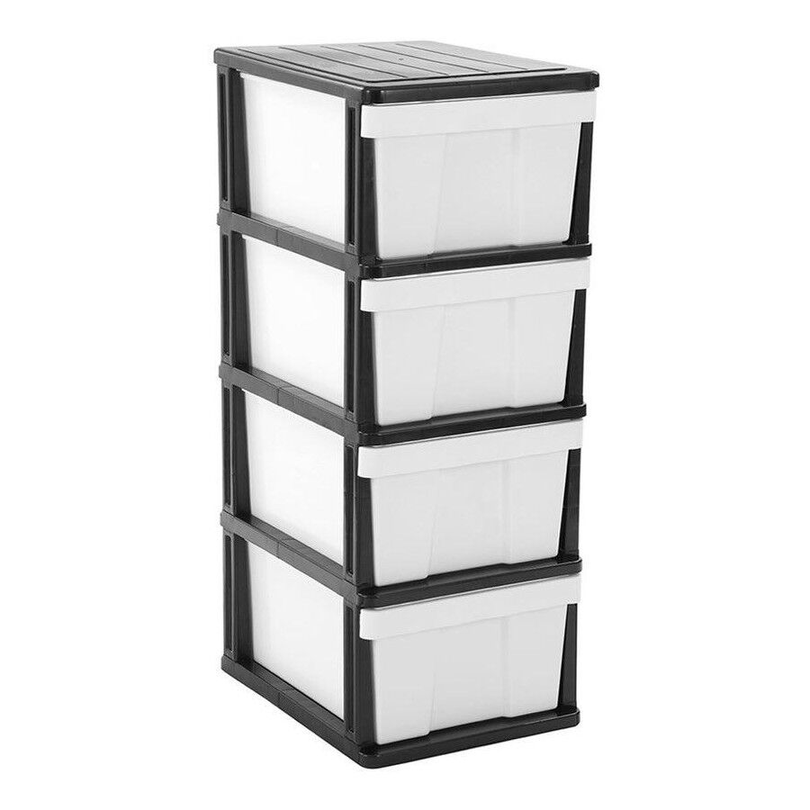 MEGA 4 Tier Drawer Storage Shelf Unit Organiser Plastic Level Office Cabinet in Black/White