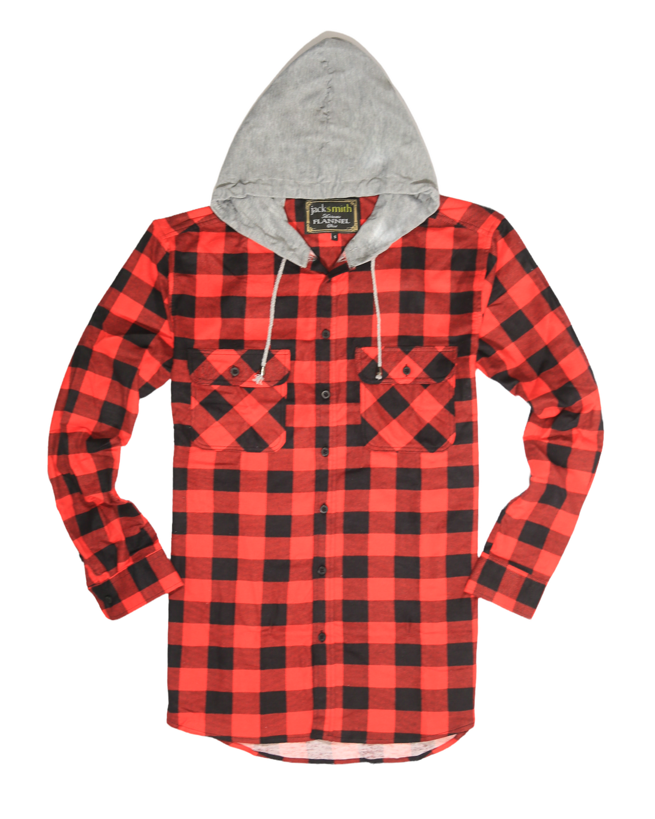 Men's Hooded Flannel Shirt - Long Sleeve Cotton Flannelette in Red/Black - Size L
