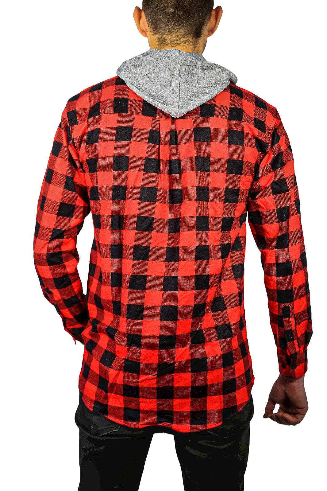 Men's Hooded Flannelette Shirt - Long Sleeve Cotton Flannel in Red/Black - Size S