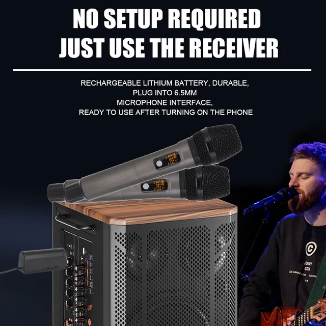 HridZ Dual Channel UHF Wireless Microphone System with Rechargeable Mics for Performances and Events