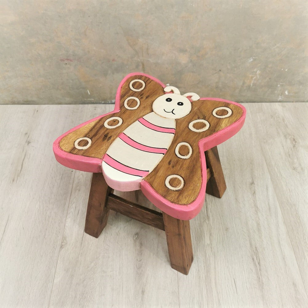 Butterfly-Themed Hand-Carved Wooden Kids Stool