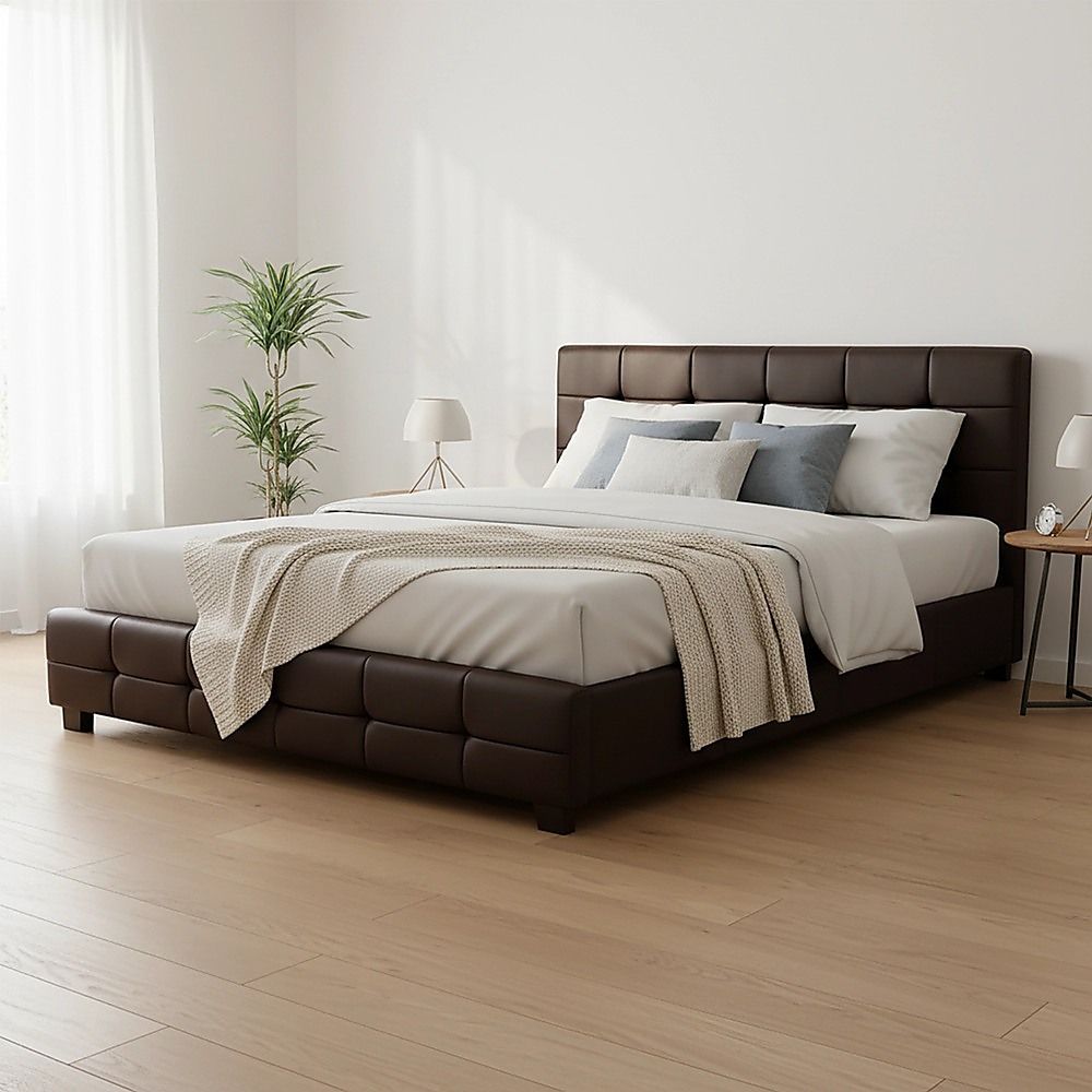 Queen PU Leather Deluxe Bed Frame Brown