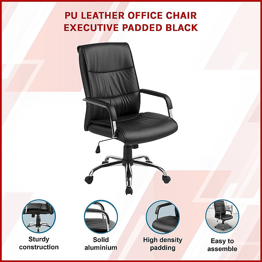 PU Leather Office Chair – Ergonomic Executive Swivel Desk Chair with Padded Seat in Black