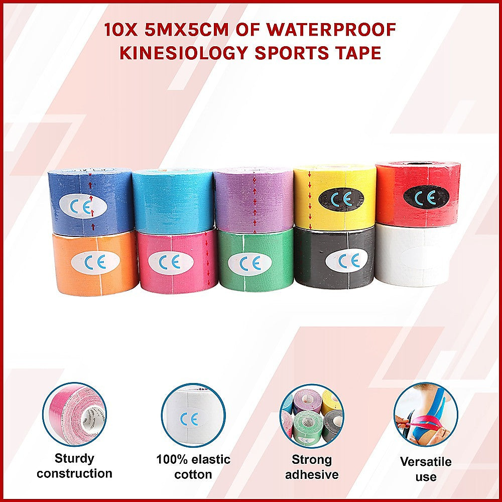 10 Rolls Muscle & Injury Kinesiology Sports Tape 5m x 5cm – Waterproof Support