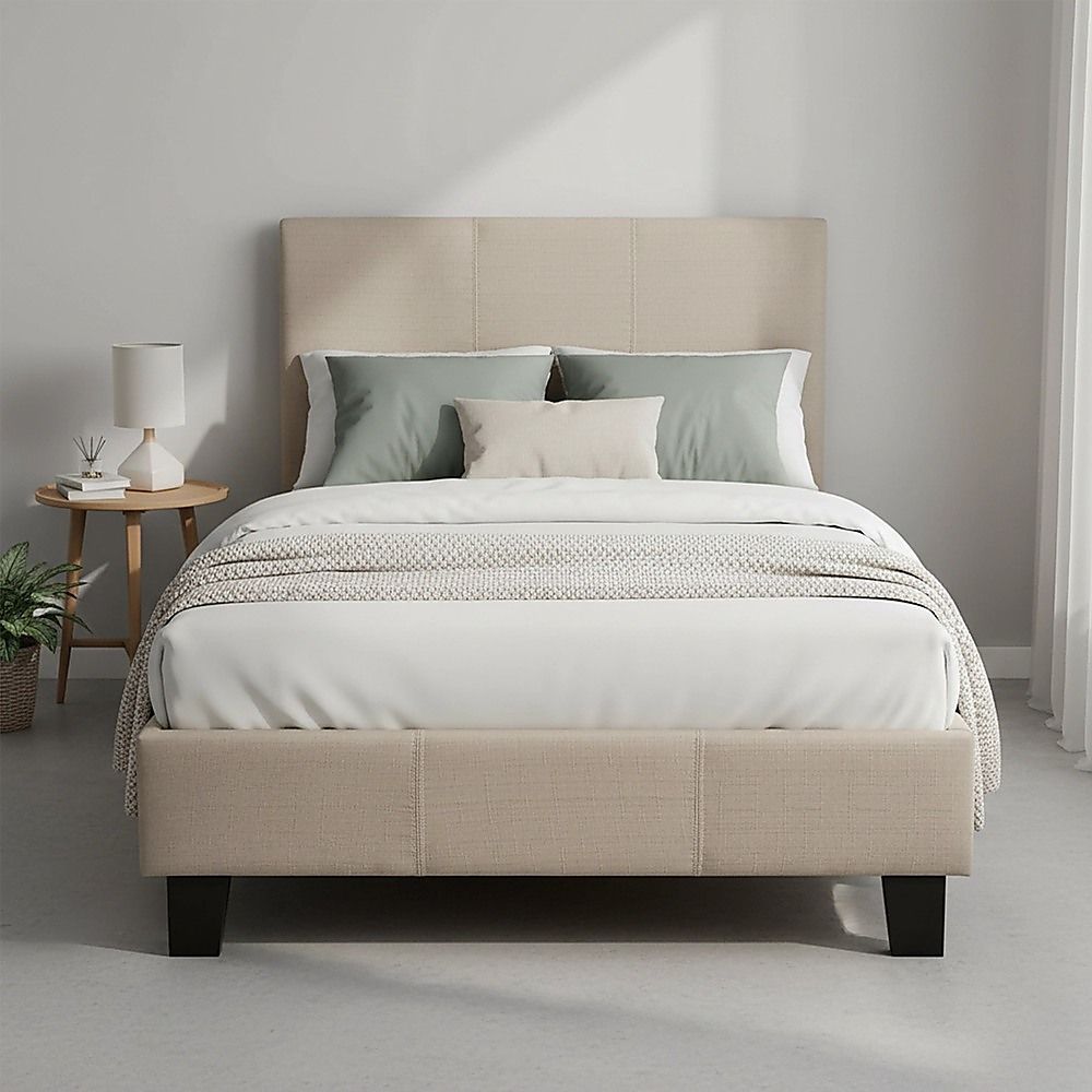 Single Linen Fabric Bed Frame Beige