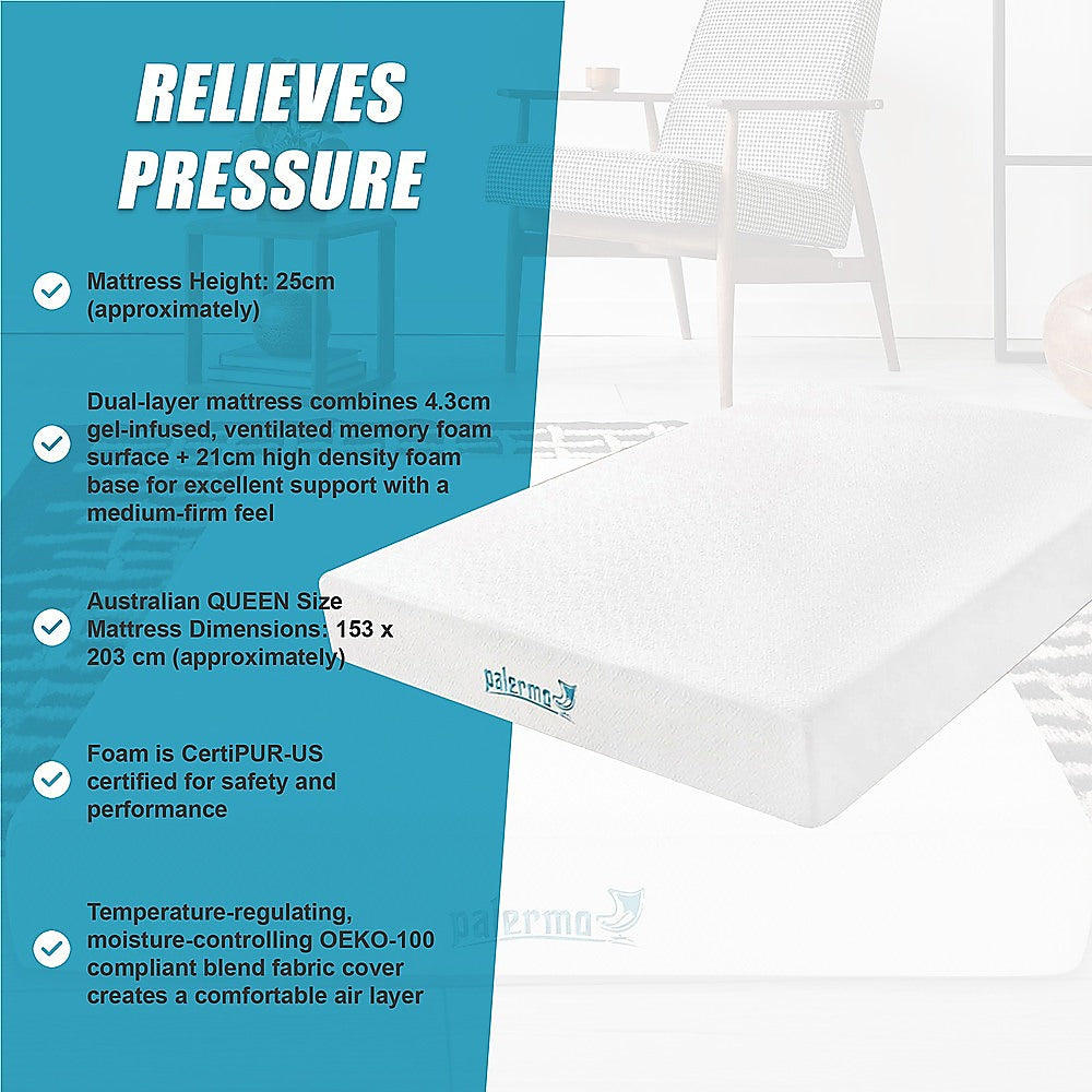 Queen 25cm Gel Memory Foam Mattress – Dual-Layered Comfort with CertiPUR-US® Certified Foam