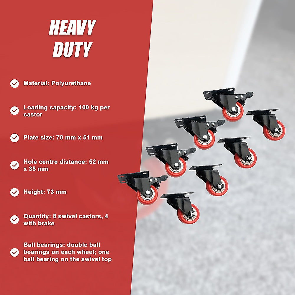 8 x 2 Polyurethane Castor Wheels - Swivel and 4 with brake