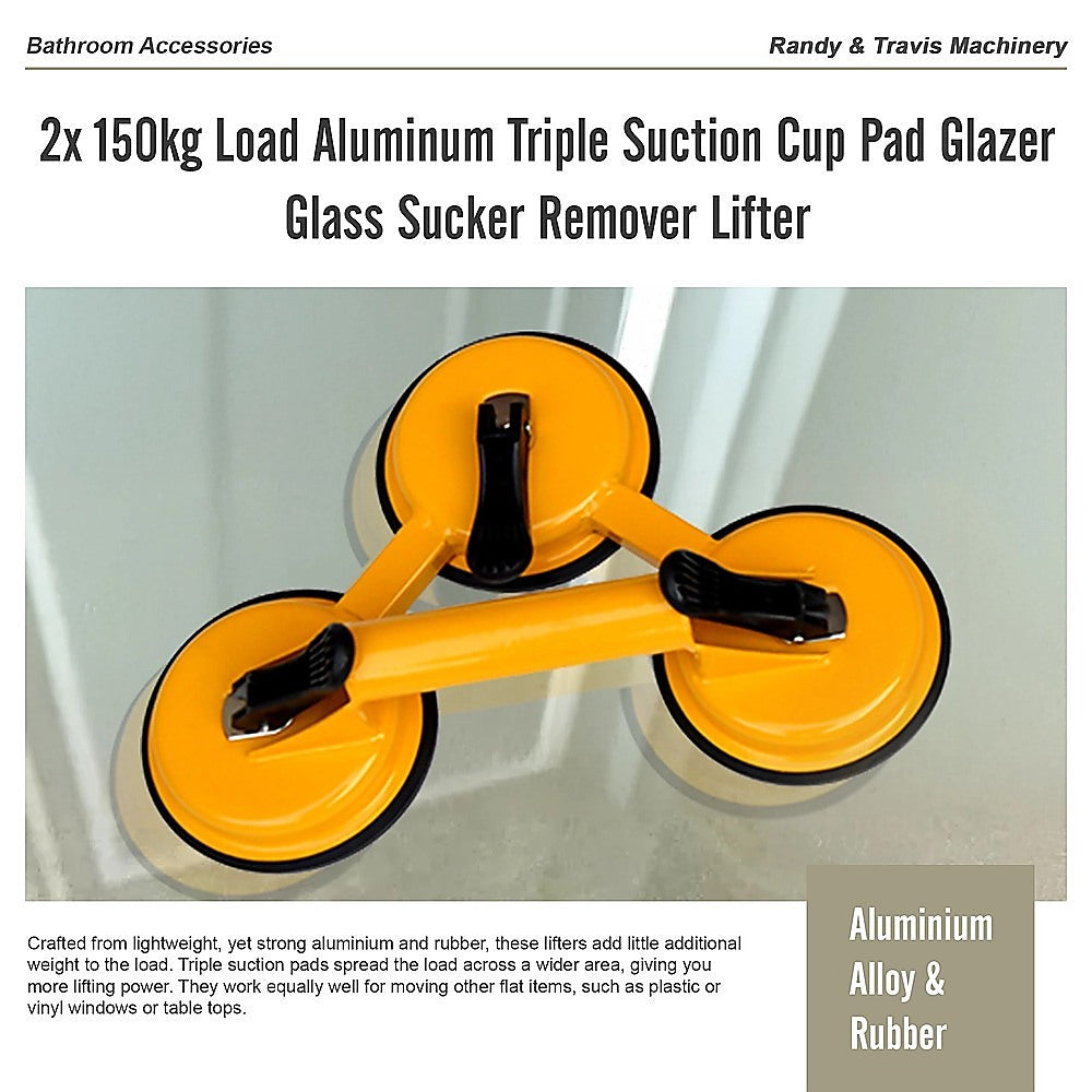 2x 150kg Load Aluminum Triple Suction Cup Pad Glazer Glass Sucker Remover Lifter