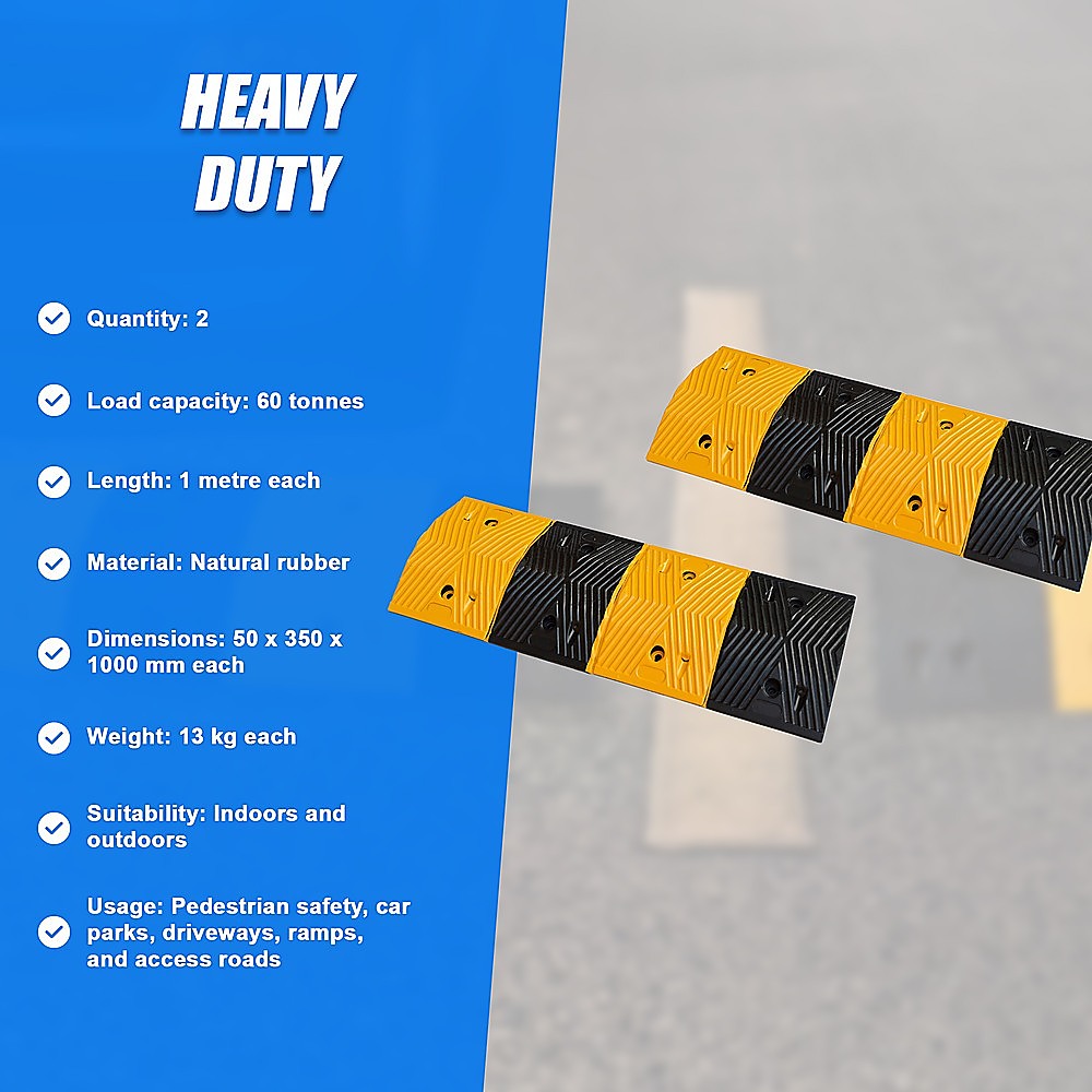 Pair of 1m Long 60T Load Rubber Speed Bump Hump Modular Speed Humps Road Hump