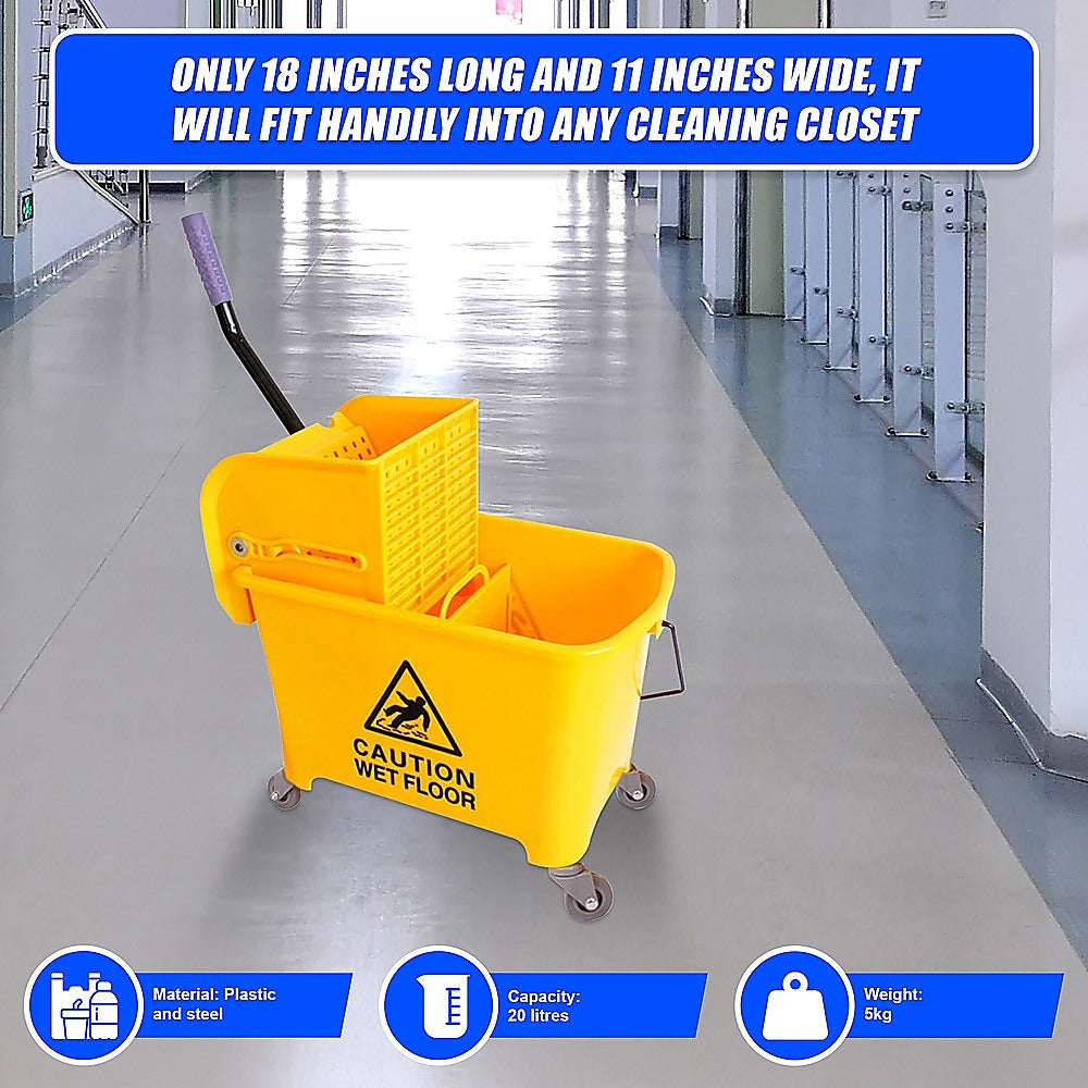 20L Deluxe Mop Wringer Bucket Side Press Janitor Commercial Cleaning