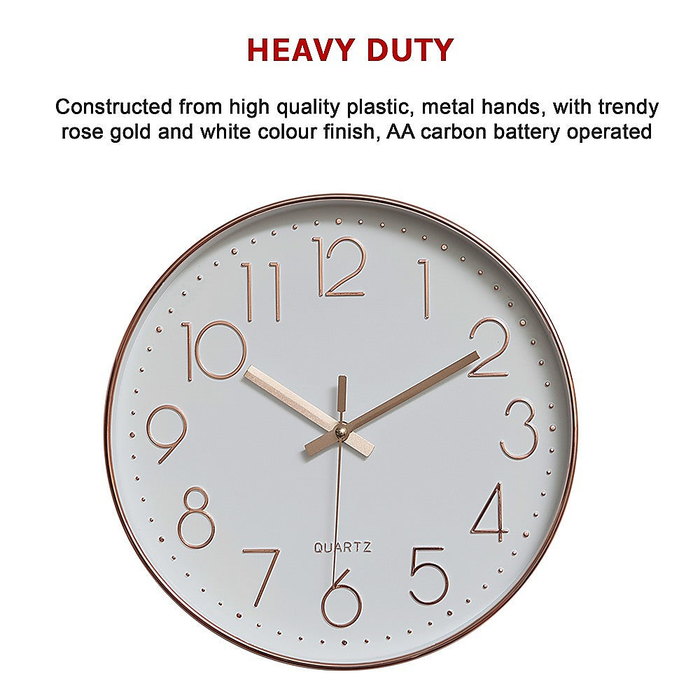 Modern Rose Gold Wall Clock – Silent Non-Ticking Quartz Battery Operated Design