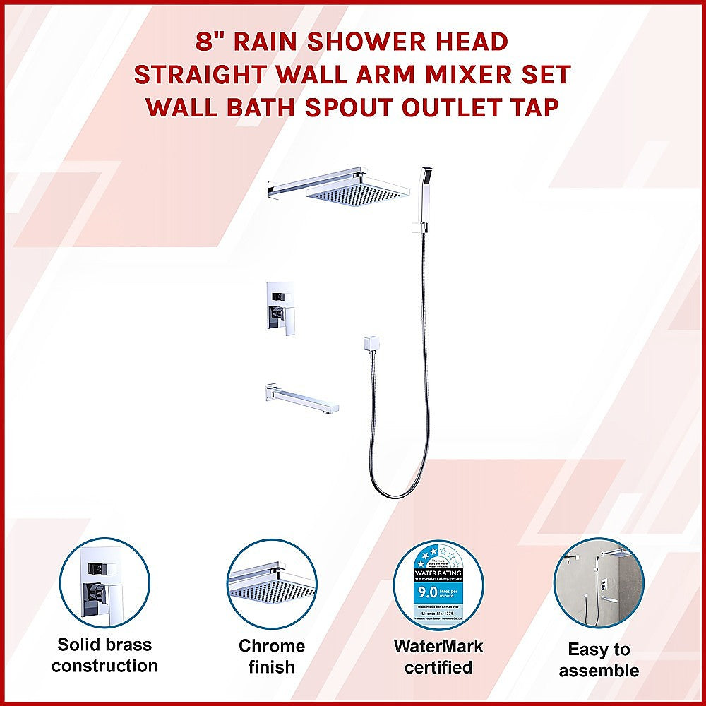 8 Rain Shower Head Straight Wall Arm Mixer Set Wall Bath Spout Outlet Tap