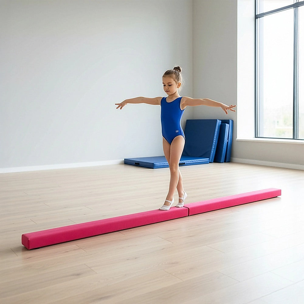 2.4m (8FT) Gymnastics Folding Balance Beam Pink Synthetic Suede
