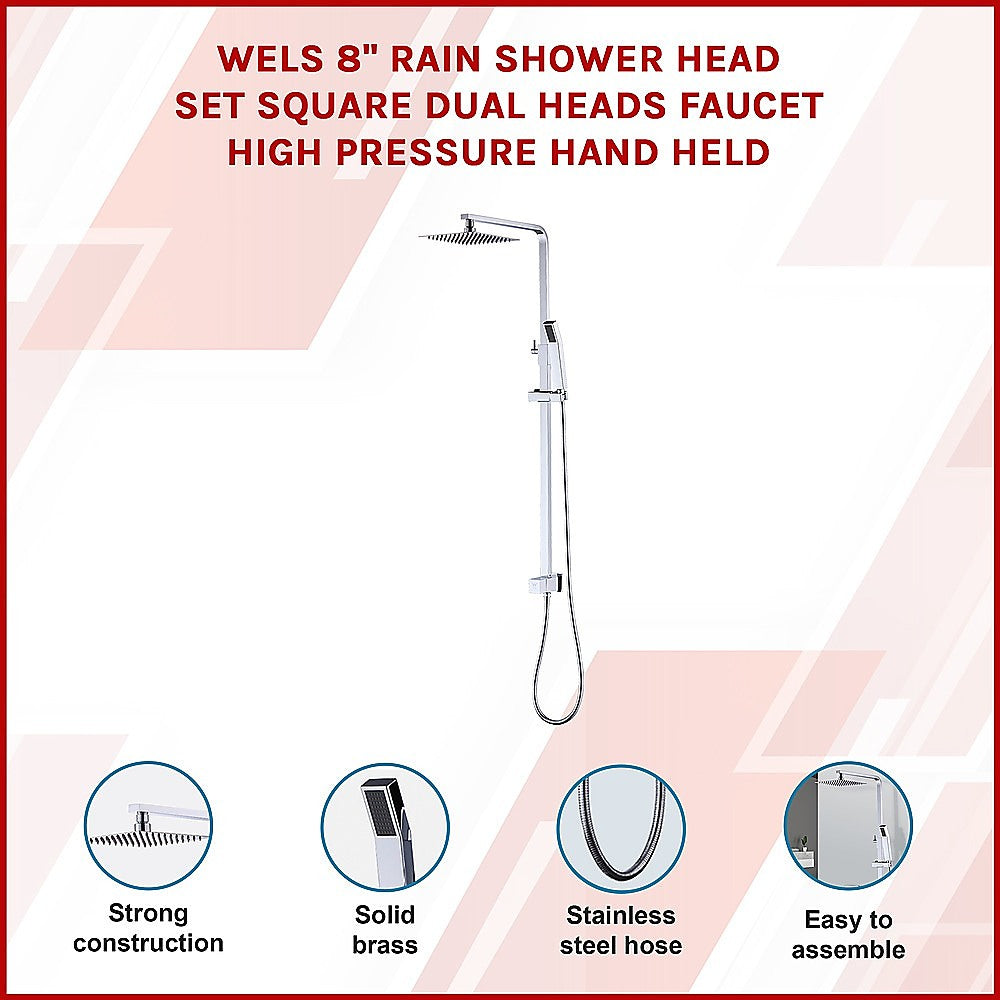 WELS 8 Rain Shower Head Set Square Dual Heads Faucet High Pressure Hand Held