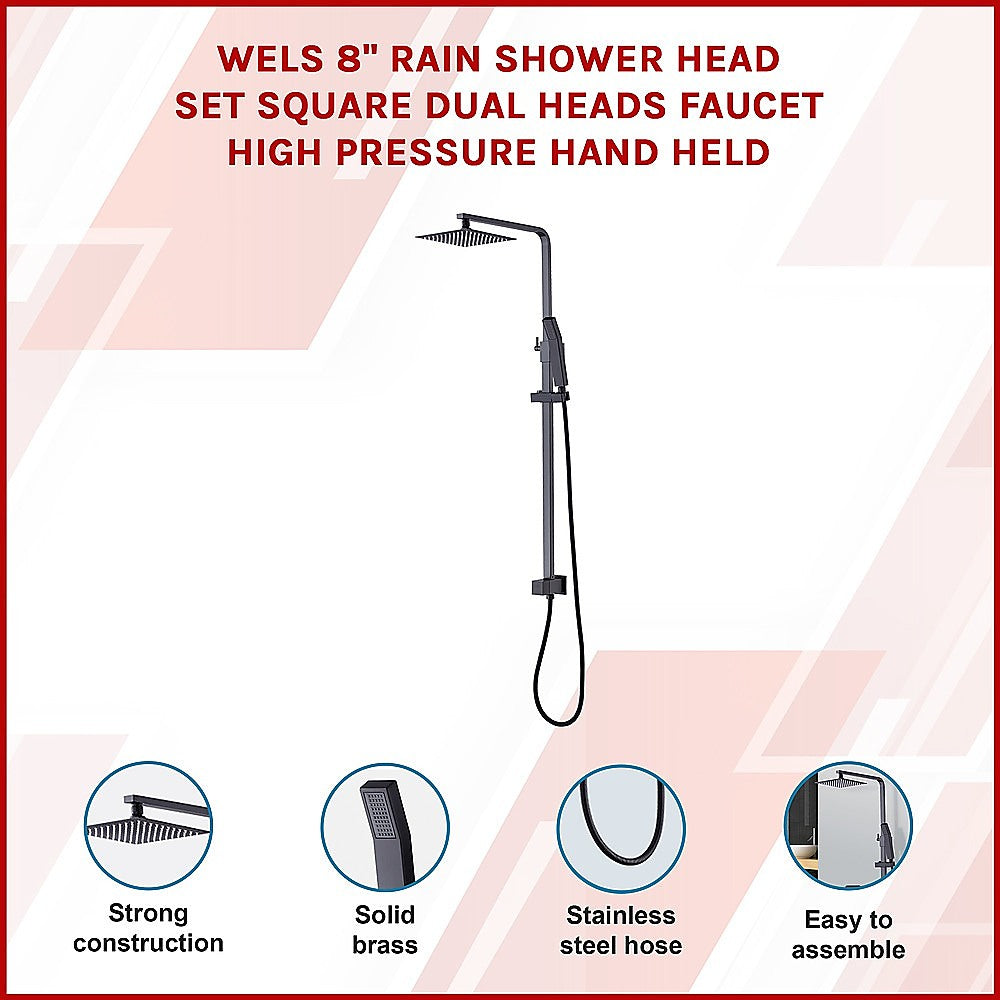 WELS 8 Rain Shower Head Set Square Dual Heads Faucet High Pressure Hand Held