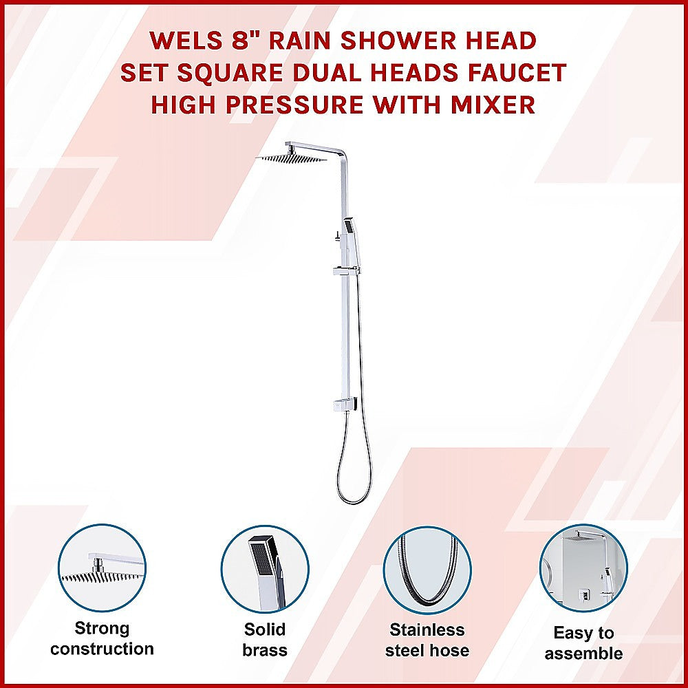 WELS 8 Rain Shower Head Set Square Dual Heads Faucet High Pressure With Mixer